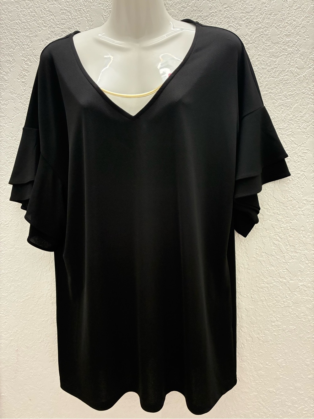 Calvin Klein Black V-Neck Short Sleeve Ruffle Tee